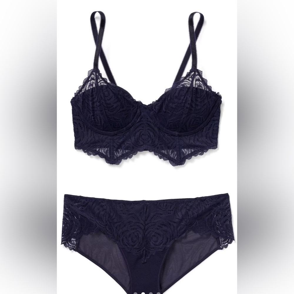 New Adore Lucinda Contour Dark Blue Sexy Lace‎ Underwire Bra 36DD Panty XL Set